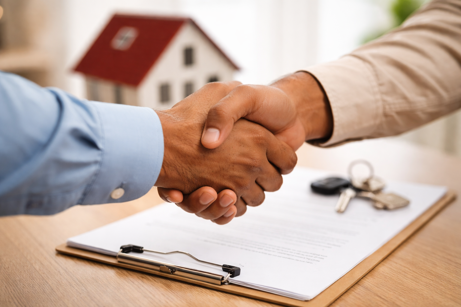 Dos profesionales de bienes raíces estrechando manos en un acuerdo profesional